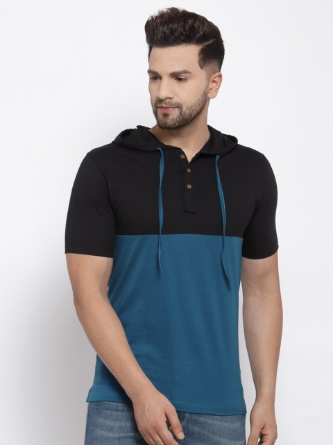 

Kalt Men Teal Blue & Black Colourblocked Hooded T-shirt