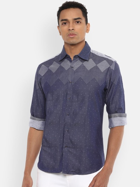 

V Dot Men Blue Slim Fit Printed Cotton Casual Shirt