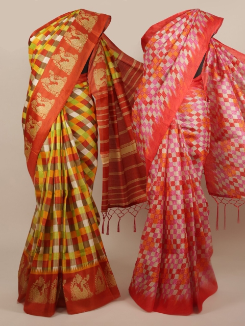 

Pothys Pack of 2 Pink & Orange Jute Silk Printed Saree