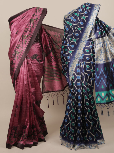 

Pothys Pink & Blue Set of 2 Jute Silk Printed Saree