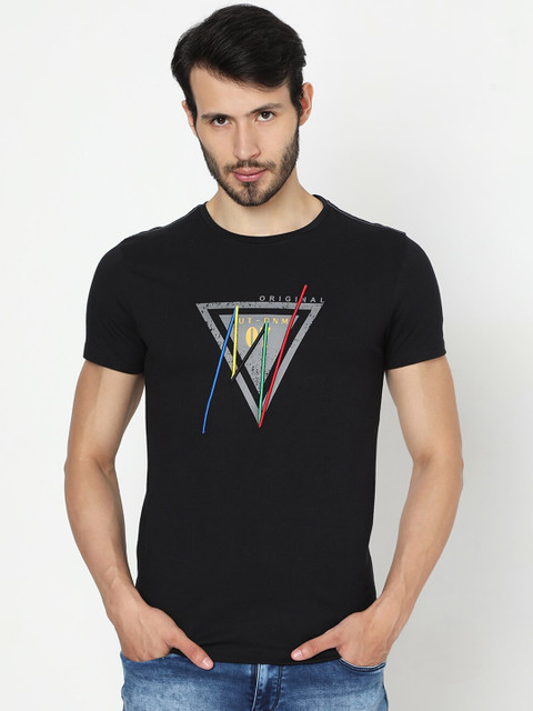 

Rex Straut Jeans Men Black Printed Round Neck Pure Cotton T-shirt