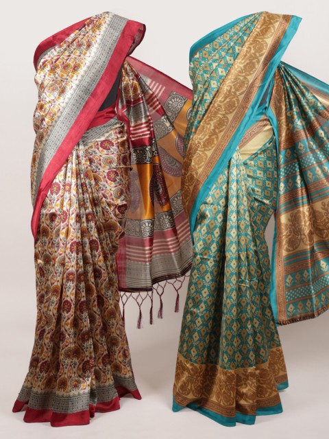 

Pothys Pack Of 2 Green & Cream-Coloured Jute Silk Printed Sarees