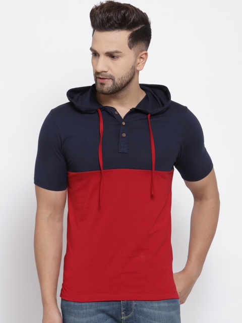 

Kalt Men Red & Navy Blue Colourblocked Hooded T-shirt