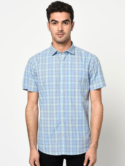 

METTLE Men Blue & White Regular Fit Checked Casual Shirt