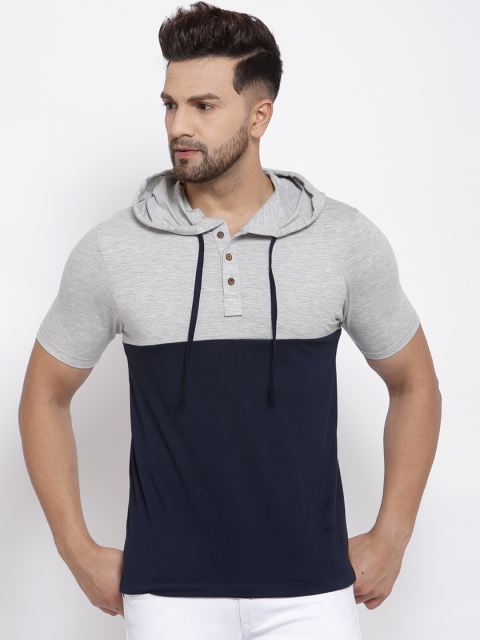 

Kalt Men Navy Blue & Grey Colourblocked Hooded T-shirt