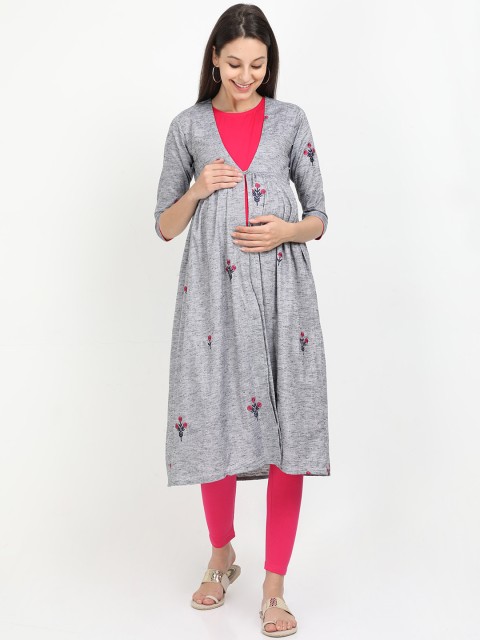 

The Mom Store Women Grey & Magenta Ethnic Motifs Embroidered Maternity Anarkali Kurta