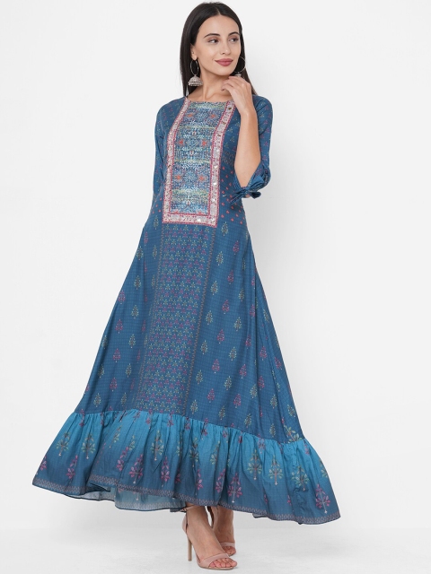 

FASHOR Blue Ethnic Motifs Flounce Hem Maxi Dress
