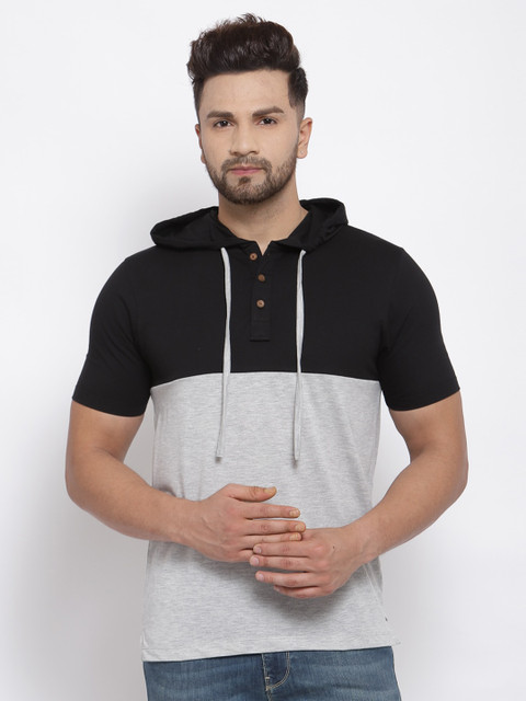 

Kalt Men Grey Melange & Black Colourblocked Hooded T-shirt