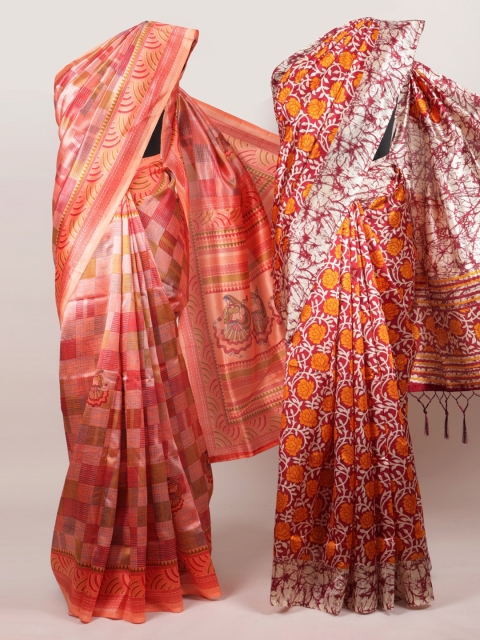 

Pothys Pack of 2 Peach-Coloured & Maroon Jute Silk Printed Saree