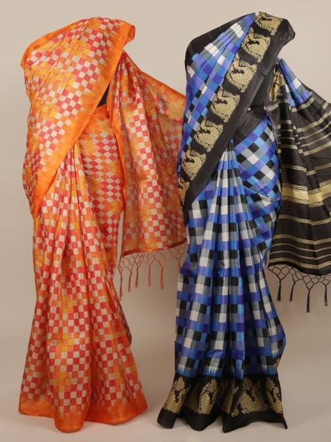 

Pothys Pack of 2 Orange & Blue Jute Silk Checked Saree