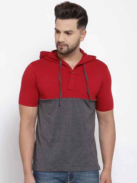 

Kalt Men Red & Grey Colourblocked Hooded T-shirt