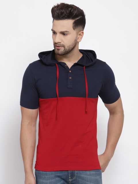 

Kalt Men Red & Navy Blue Colourblocked Hooded T-shirt