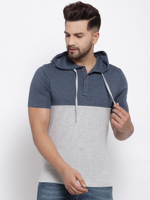 

Kalt Men Grey Melange & Blue Colourblocked Hood T-shirt