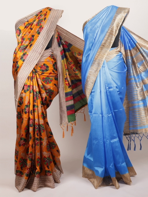 

Pothys Mustard & Blue Set of 2 Jute Silk Printed Saree