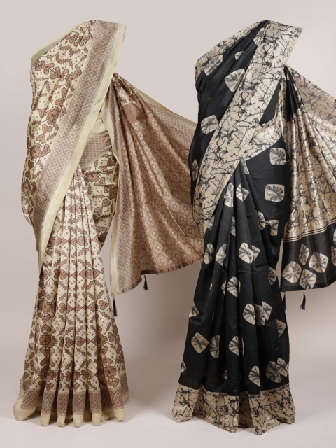 

Pothys Pack Of 2 Cream-Coloured & Black Jute Silk Printed Sarees