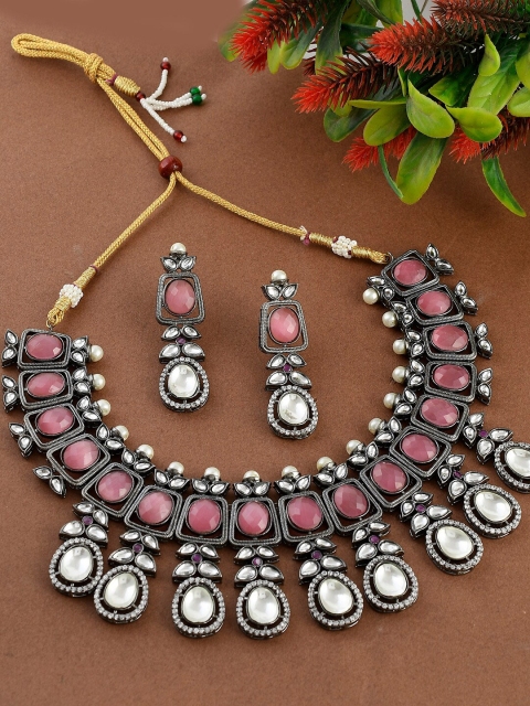 

Silvermerc Designs Silver-Plated Pink & White Kundan-Studded Jewellery Set
