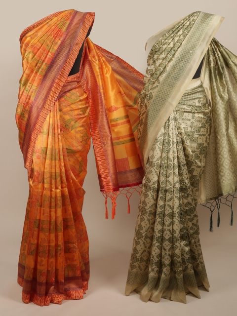 

Pothys Pack Of 2 Orange & Green Jute Silk Printed Sarees