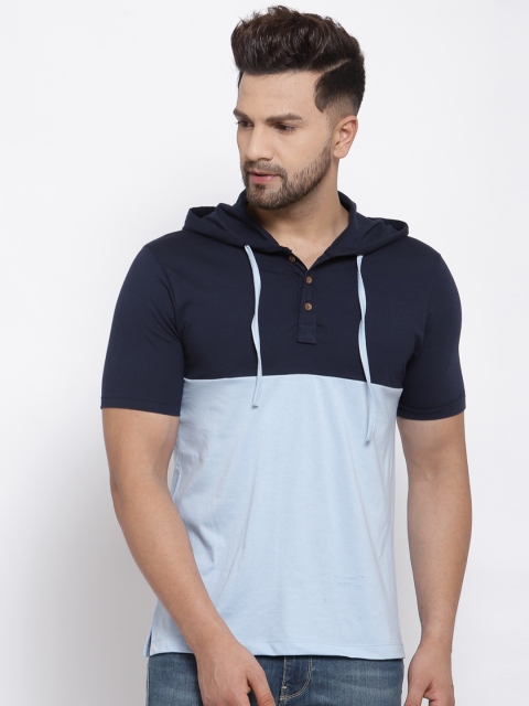 

Kalt Men Light Blue & Navy Blue Colourblocked Hooded T-shirt