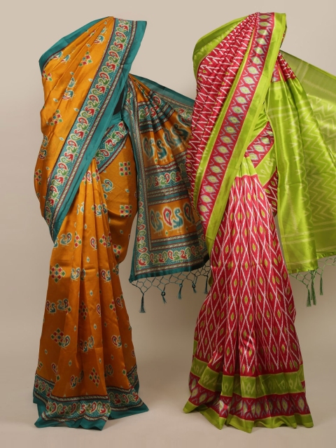 

Pothys Pack Of 2 Mustard Yellow & Red Jute Silk Printed Sarees
