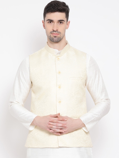 

NAMASKAR Men Cream-Coloured Self-Design Woven Nehru Jacket