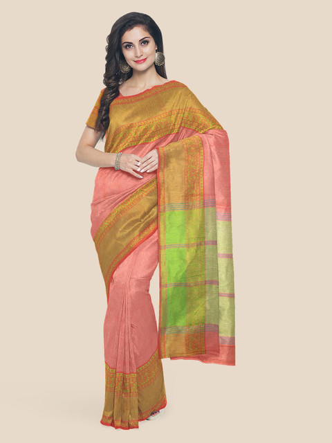 

KLM Fashion Mall Peach-Coloured & Green Pure Cotton Woven Design Mangalagiri Saree