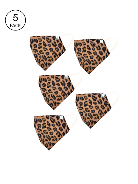 

ZIYAA Unisex Pack Of 5 Peach-Coloured & Black Printed 4-Ply Safety Shield Reusable Protective Outdoor Masks