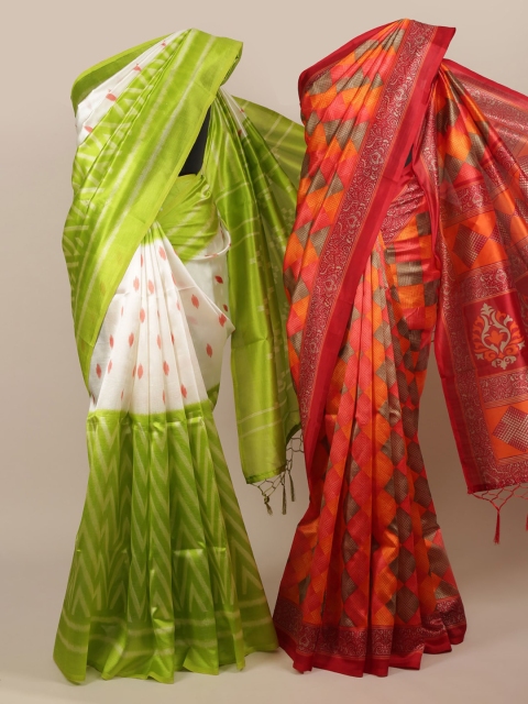 

Pothys Pack of 2 Green & Orange Jute Silk Printed Saree
