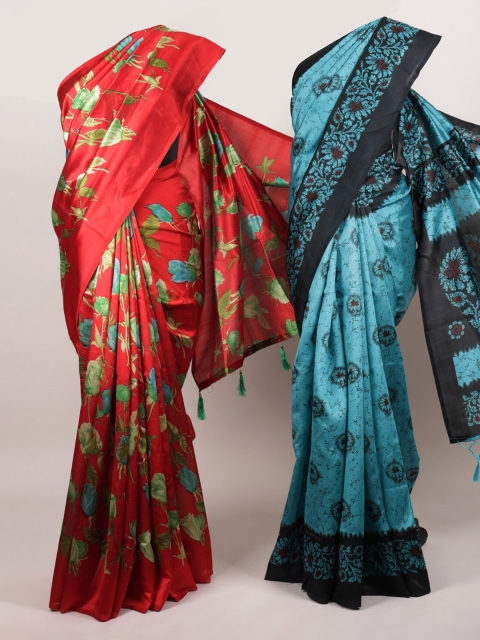 

Pothys Pack of 2 Red & Blue Jute Silk Printed Saree