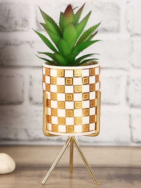 

House Of Accessories Green Plant With Gold-Toned & White Pot