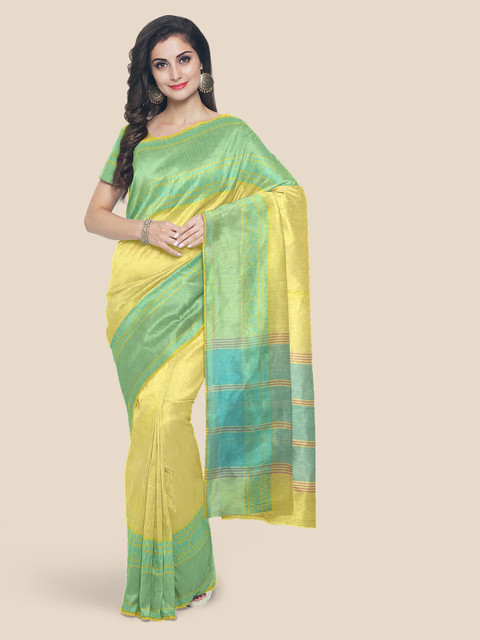 

KLM Fashion Mall Yellow & Green Pure Cotton Woven Design Mangalagiri Saree