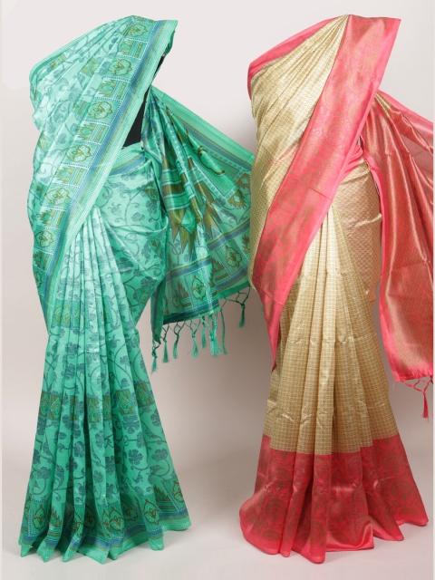 

Pothys Cream-Coloured & Green Set of 2 Jute Silk Printed Saree