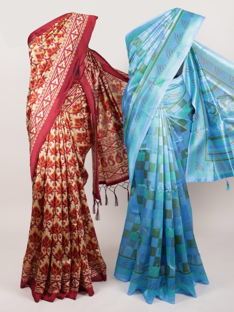 

Pothys Pack Of 2 Blue & Maroon Jute Silk Printed Sarees