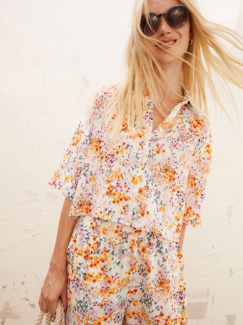 

H&M Women Multicoloured Printed Cropped Linen Shirt, Multi