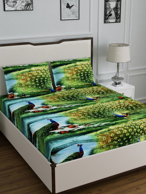 

DREAM WEAVERZ Green & Blue Graphic 300 TC Cotton 1 King Bedsheet with 2 Pillow Covers