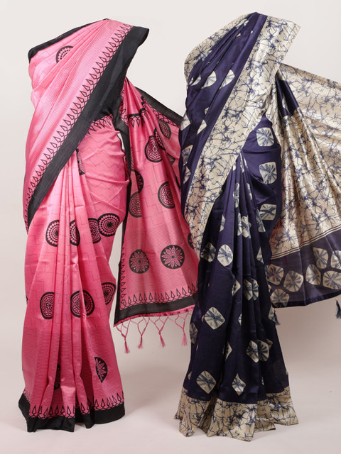 

Pothys Pack of 2 Navy Blue & Pink Jute Silk Printed Saree