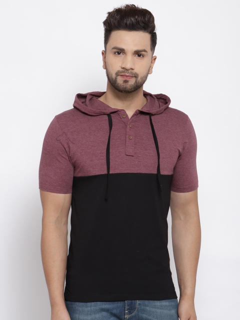 

Kalt Men Maroon & Black Colourblocked Hooded T-shirt