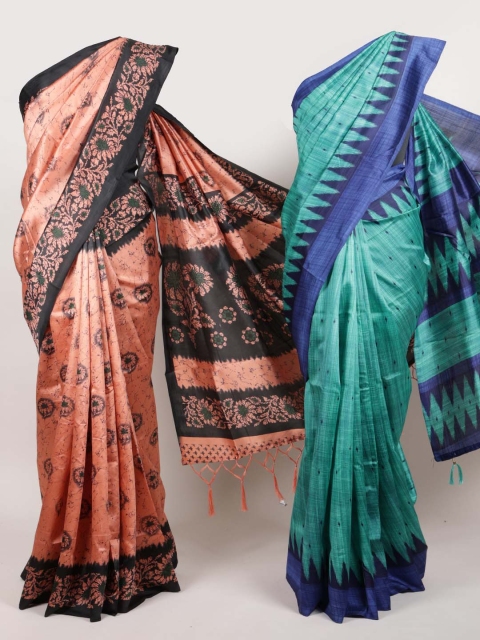 Pothys Green & Peach-Coloured Set of 2 Jute Silk Printed Saree