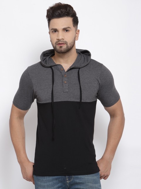 

Kalt Men Grey & Black Colourblocked Hooded T-shirt