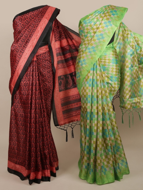 

Pothys Pack Of 2 Maroon & Green Jute Silk Printed Sarees