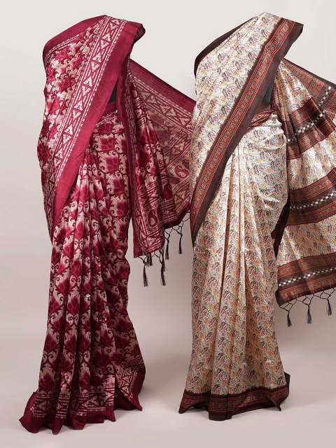 

Pothys Pack Of 2 Jute Silk Printed Sarees, Cream