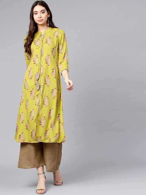 

Yufta Women Lime Green Floral Printed Panelled Straight Keyhole Neck Kurta & Palazzos