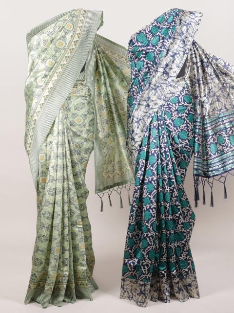 

Pothys Pack of 2 Green & Blue Jute Silk Printed Saree
