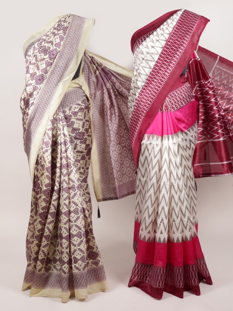 

Pothys Pack Of 2 Cream-Coloured & Pink Jute Silk Woven Design Sarees