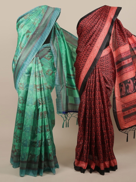

Pothys Pack Of 2 Green & Maroon Jute Silk Printed Sarees