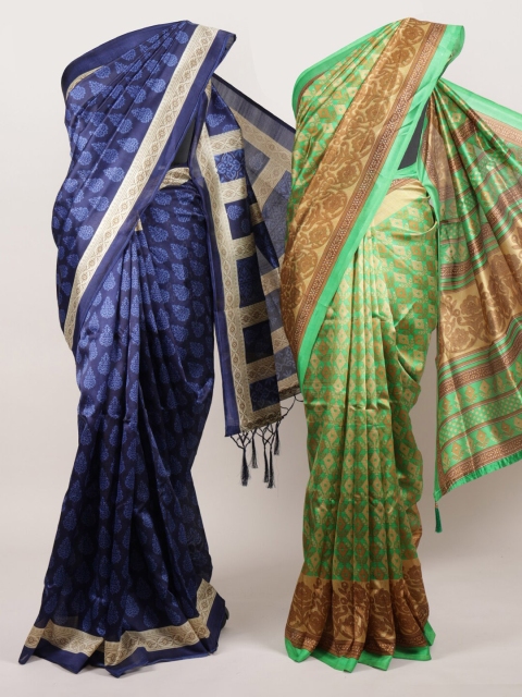 

Pothys Pack Of 2 Green & Blue Jute Silk Printed Sarees