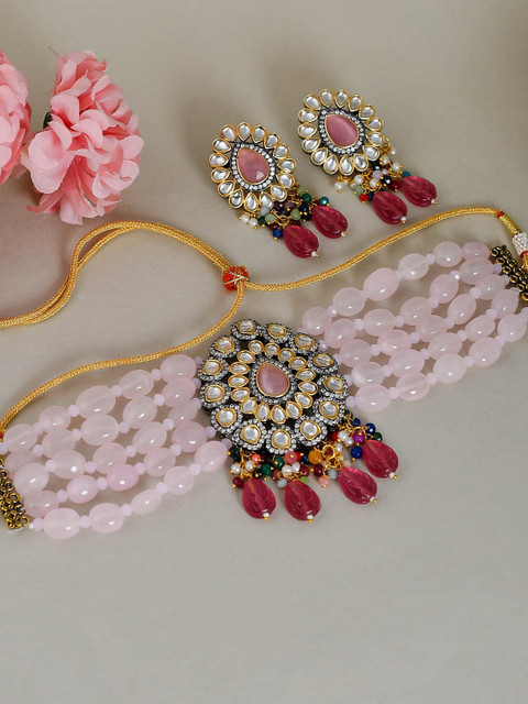 

Silvermerc Designs Pink Gold-Plated Kundan-Studded Beaded Jadau Jewellery Set