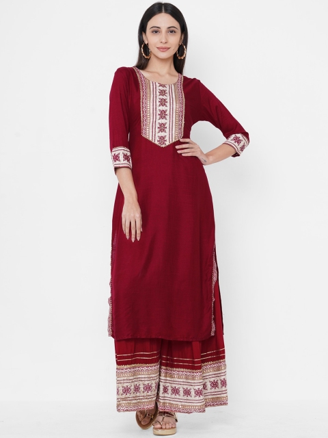 

FASHOR Women Maroon & White Printed Regular Straight Beads and Stones Kurta with Palazzos