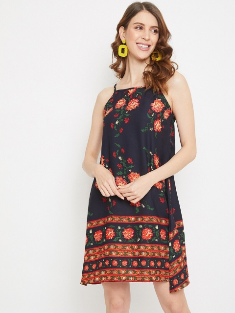 

Berrylush Women Navy Blue & Red Floral Crepe A-Line Dress