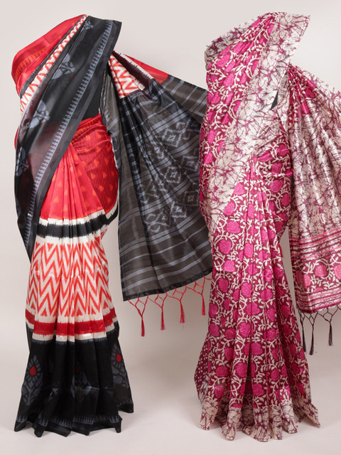 

Pothys Pink & Orange Set of 2 Jute Silk Printed Saree