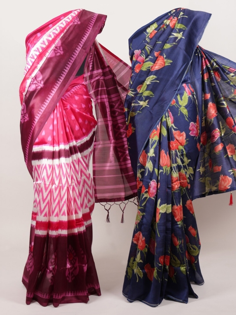 

Pothys Pack Of 2 Navy Blue & Pink Jute Silk Printed Sarees